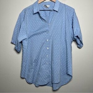 Finley‎ Women Top XL Baby Blue Swiss Dot Short Sleeve Button Down Casual